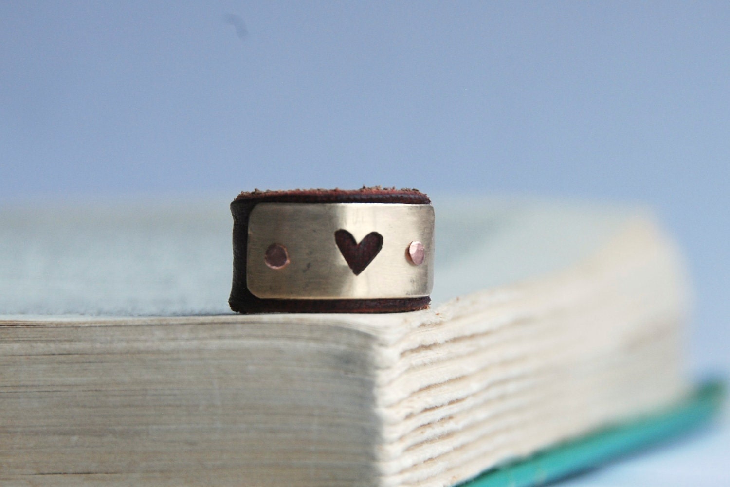Heart Ring Leather And Brass Hand pierced Heart With Copper Rivets Mothers Day Gift