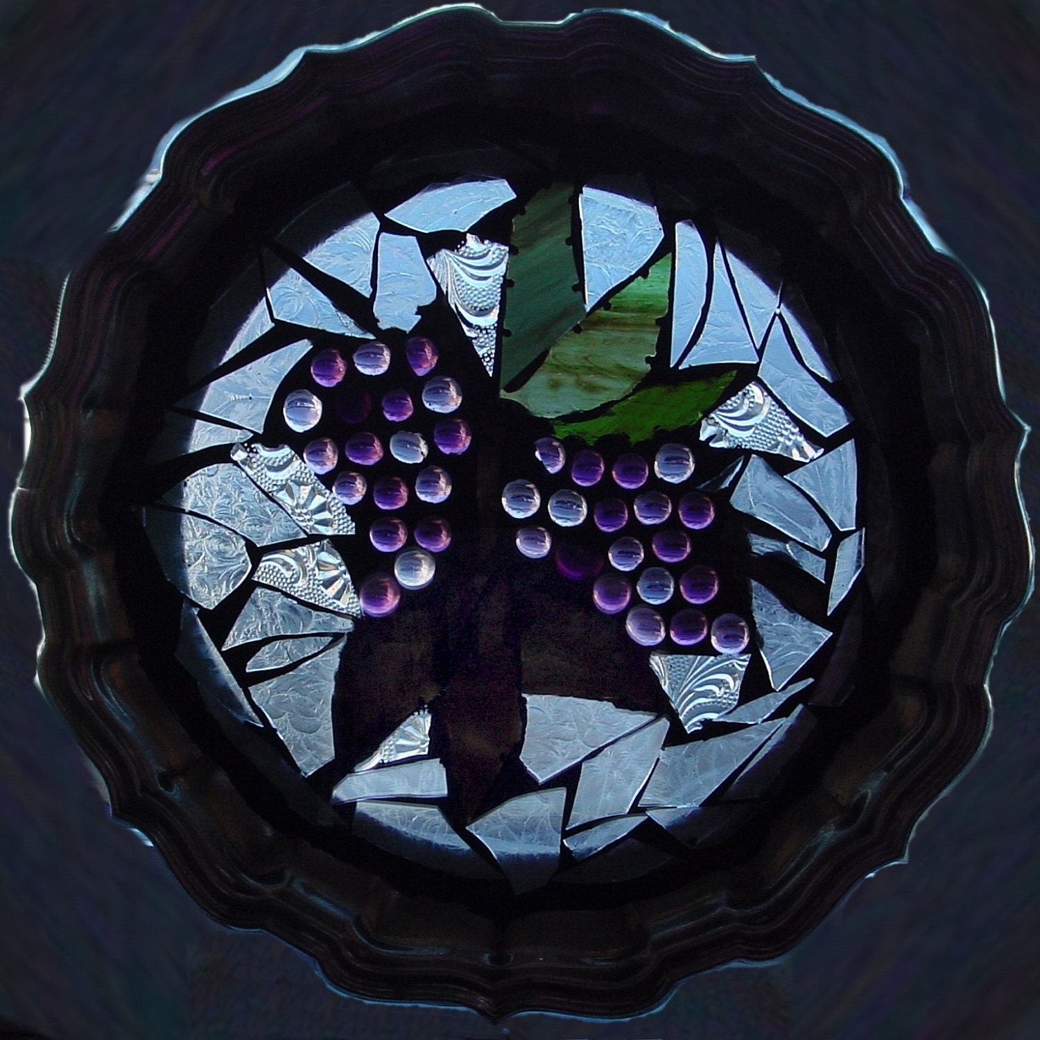 Grapes on the Vine IV Stained Glass Window in Silver Serving Platter Frame