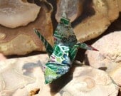 Origami Crane Broach - Dark Green with Light Green, Gold, and White Flowers
