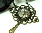 Neo Victorian Steampunk OOAK Necklace Vintage Watch Part Filigree Swarovski Exclusive Design By Mystic Pieces