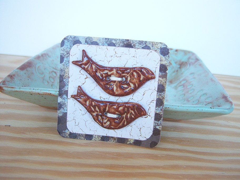 Rustic Textured Bird Stoneware Buttons in Shino Glaze - Set of 2