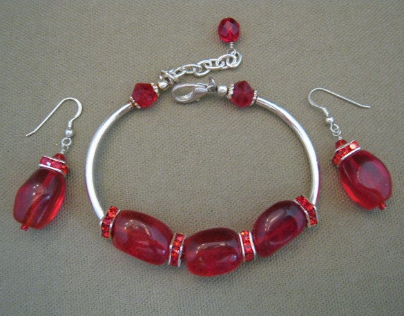 Red Glass Bead Sterling Bracelet Set