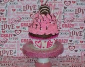 Fake Chocolate Valentine Cupcake Bubblegum Pink Frosting Chocolate Covered Cherry, Stripe Pink Straws perfect Photo Prop, Party Decor