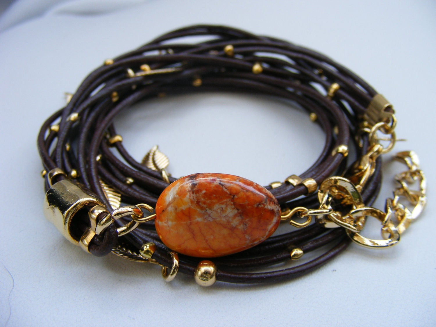 Brown Leather-Wrap Bracelet Multi-Strands with Gold plated Leaf Charms & Orange Stone