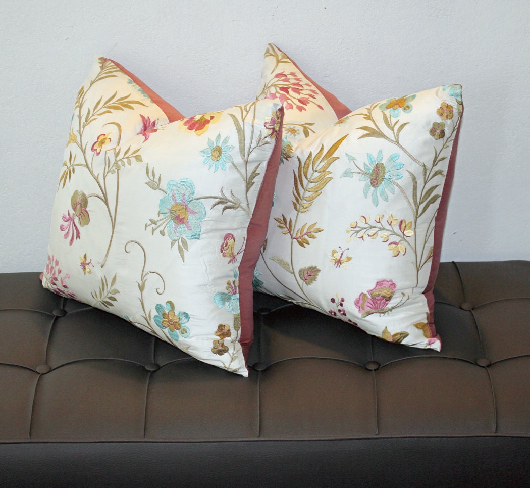 Pair of 18 inch Square Pink Flower Butterfly Silk Embroidered Pillow Covers