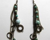 Vintage retro hippie boho tribal ethnic chain and turquoise bead drop earrings