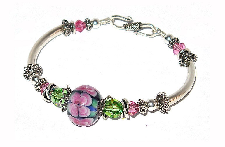 FINAL CLEARANCE Beautiful Morning - Lampwork Glass Sterling Silver Bangle Bracelet