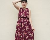 Vintage Day Dress / Maroon Floral Dress / Midi Dress / 1980s