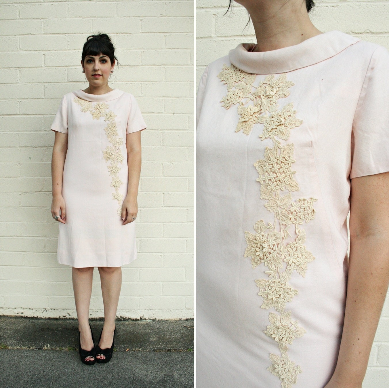 Vintage Dress / Pastel Lace / Shift with Rolled Collar / 1960s