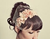 Handmade flowers headband with birdcage veil overlay- style 120
