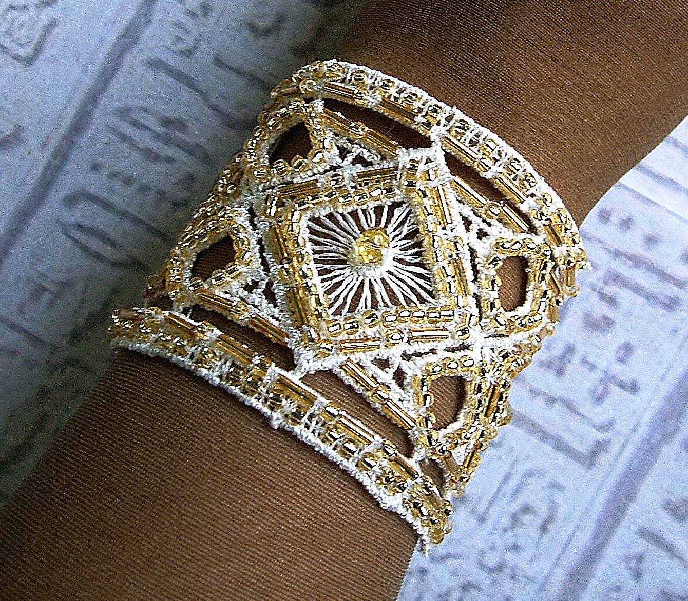 Wedding jewelry. Bridal Cuff bracelet in Ivory and gold. Hand embroidered. - EgyptianInspirations