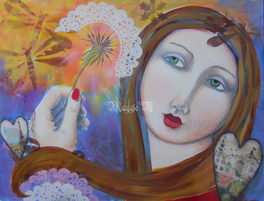 Make a Wish - Mixed Media - Woman Hearts Dragonflies Dandelion - 9 x 12 Inches