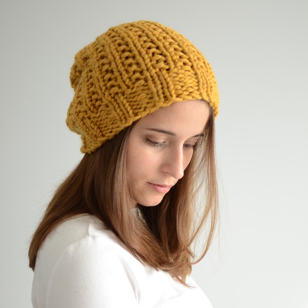 Chunky Slouch Hat - Hand-Knit - The Ceres in Mustard Golden Yellow