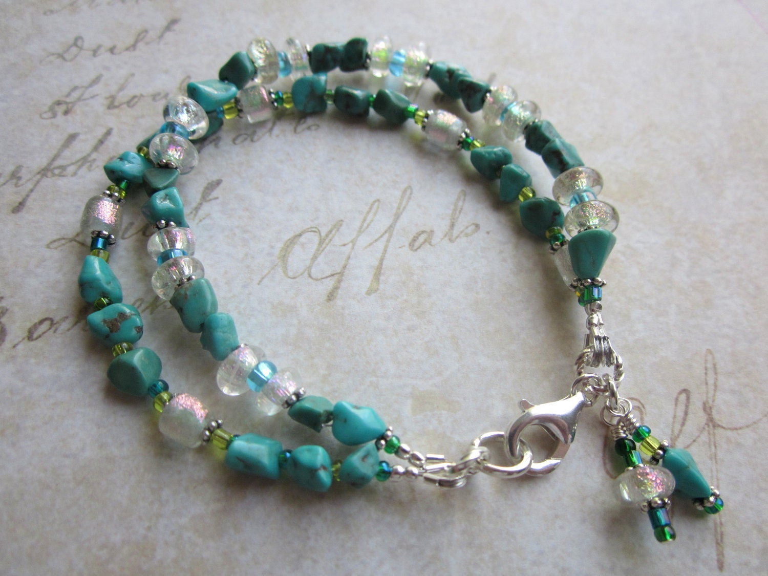 Multi Strand Turquoise Beaded Bracelet, Dichroic Lampwork, Handmade