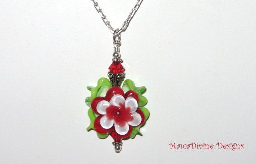 Hot Mama - Red/White Sculpted Lampwork Glass Rose Pendant Necklace