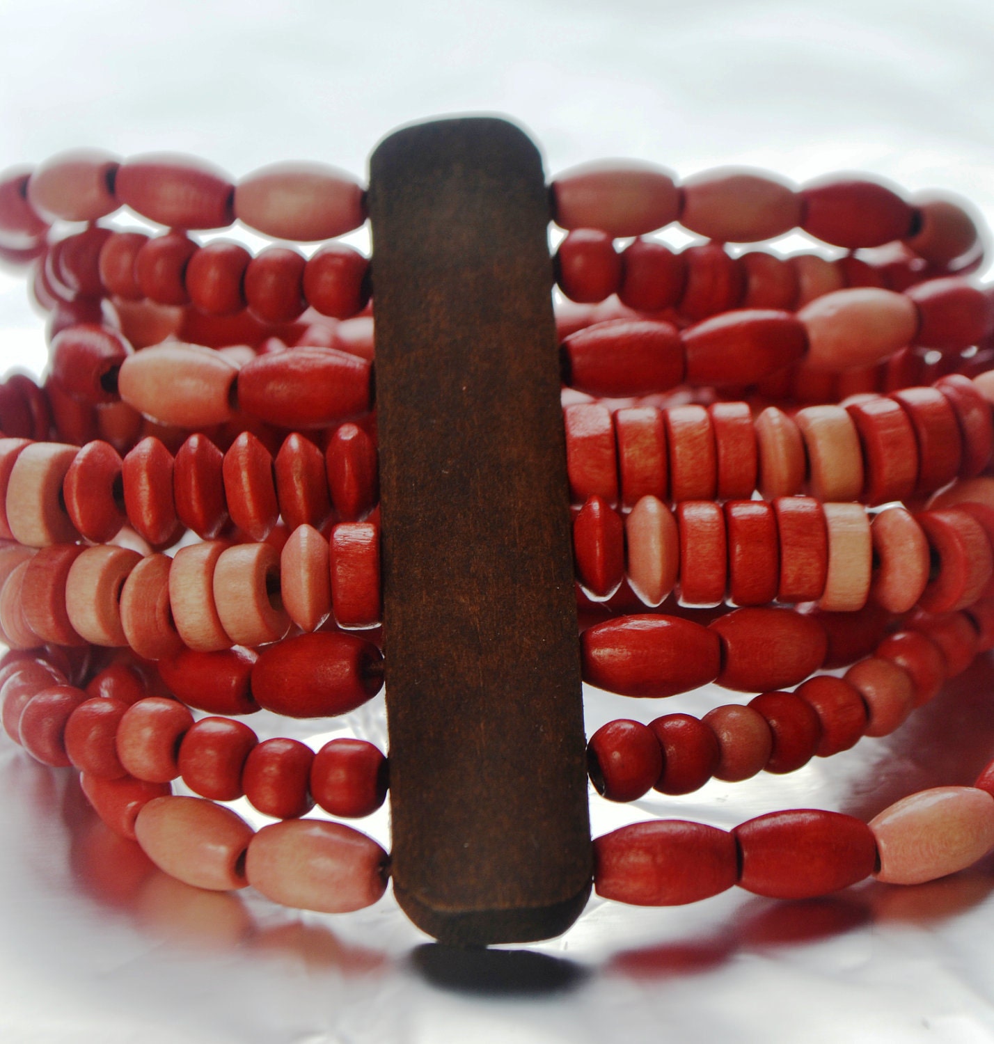 Multi Strand Beaded Cuff Bracelet, Upcycled and Recycled, Naturally Dyed Pink Wooden Beads