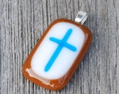 Turquoise Blue and Brown - Cross Pendant - Fused Glass Pendant - Christian Gift