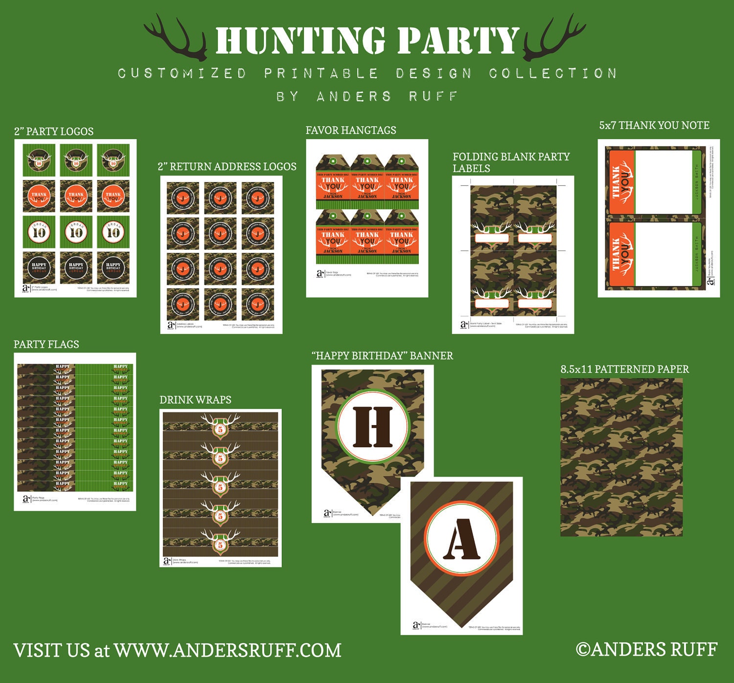 HUNTING Birthday Party - Coordinating Camouflage Hunter Printables - Customized Printable Package