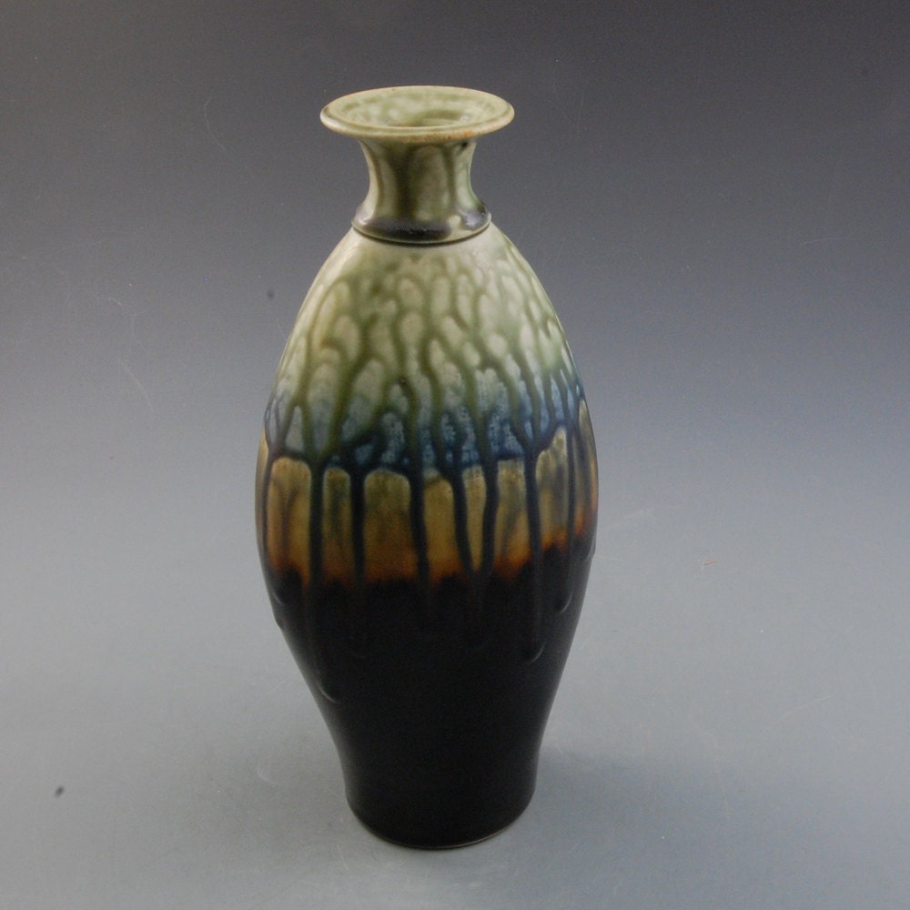 Bottle Vase Porcelain Ebony Brown Golden Brown Blue Fern Green handmade porcelain by Mark Hudak