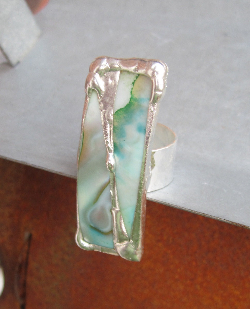 Dyed Hues of Green and Blue Shell Ring on Adjustable Wide Band by Heidi Urbanski
