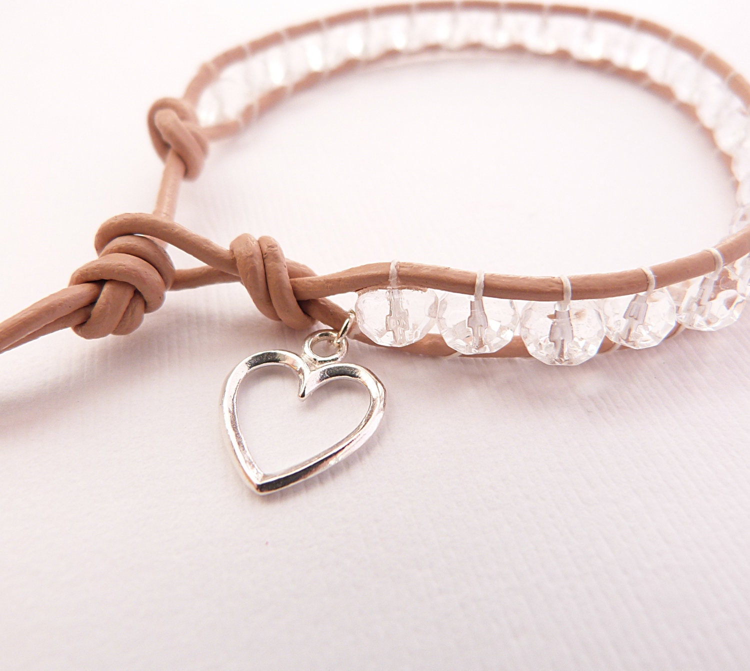 Beaded Leather Wrap Bracelet with Sterling Silver Heart Charm