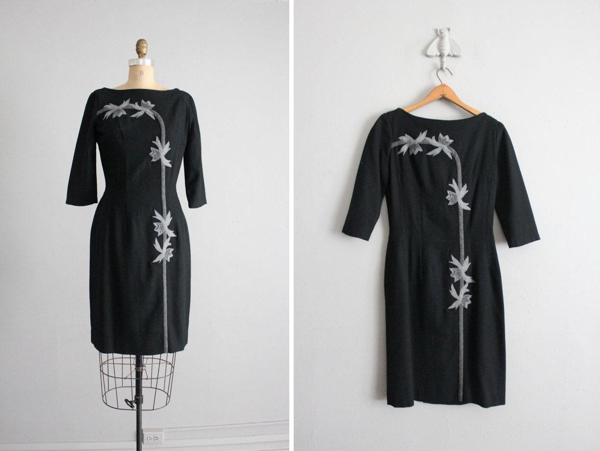 1950s vintage gray felted flower wool dress