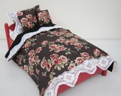 scale 1:6 Miniature Dollhouse Doll Black Red Rose flowery Bedding set linens Blythe Barbie Bratz