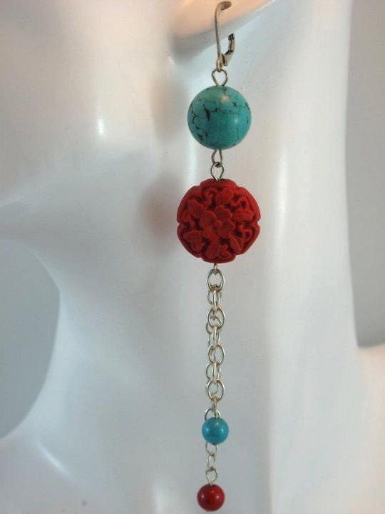Carved Cinnabar and turquoise Sterling Silver Earrings
