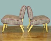 Pair of Petite Vintage Fuchsia Yellow Tweed Slipper Chairs