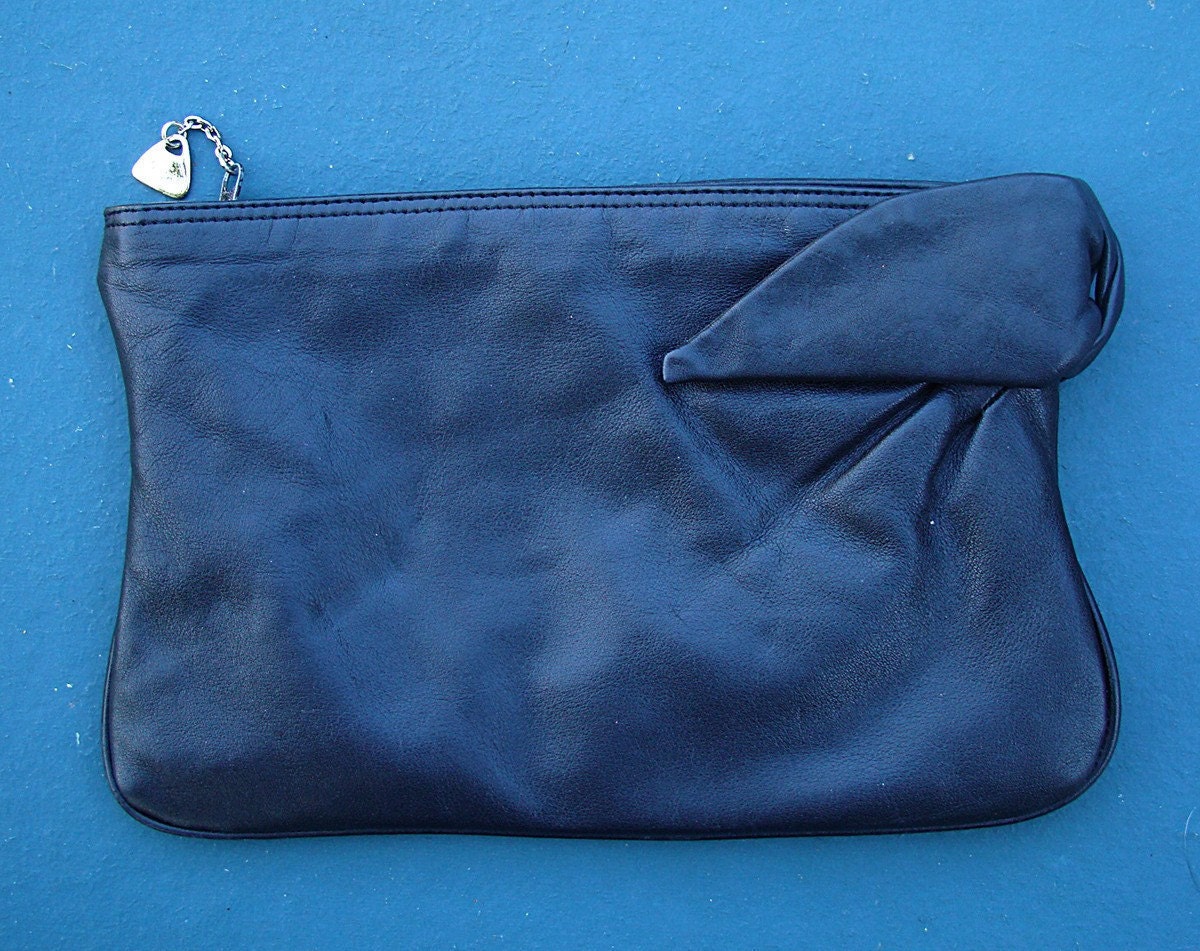 Black Leather Clutch Purse Vintage 1980s  Soft Leather with Bow made by Brio