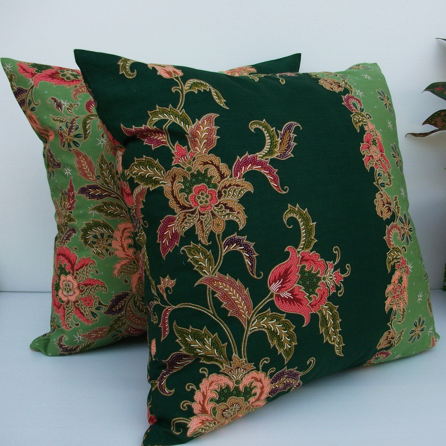 Green Floral  Authentic Javanese Batik sofa Throw decorative pillow cushion covers 18 inches