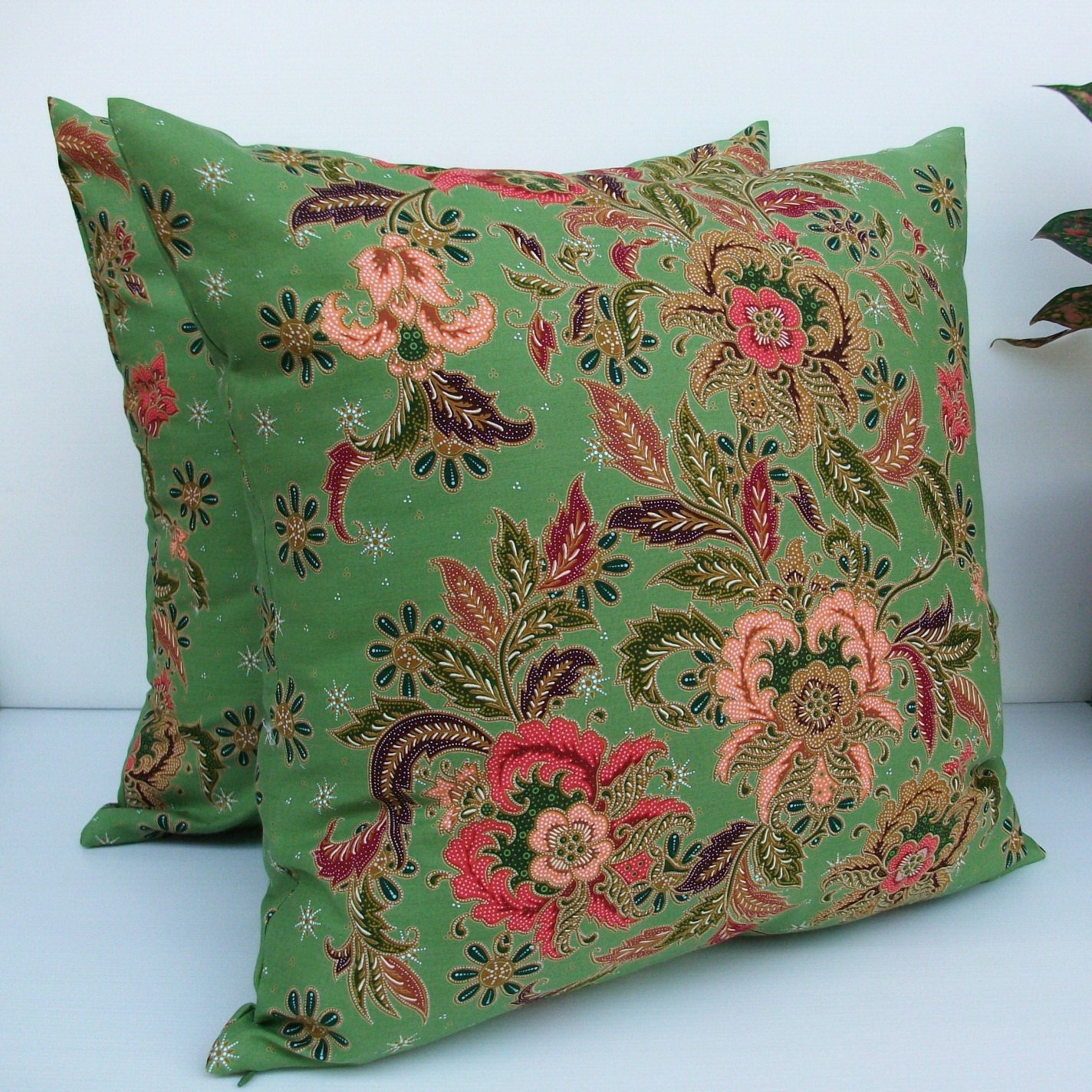 Grape Green Floral  Authentic Javanese Batik sofa Throw decorative pillow cushion covers 18 inches