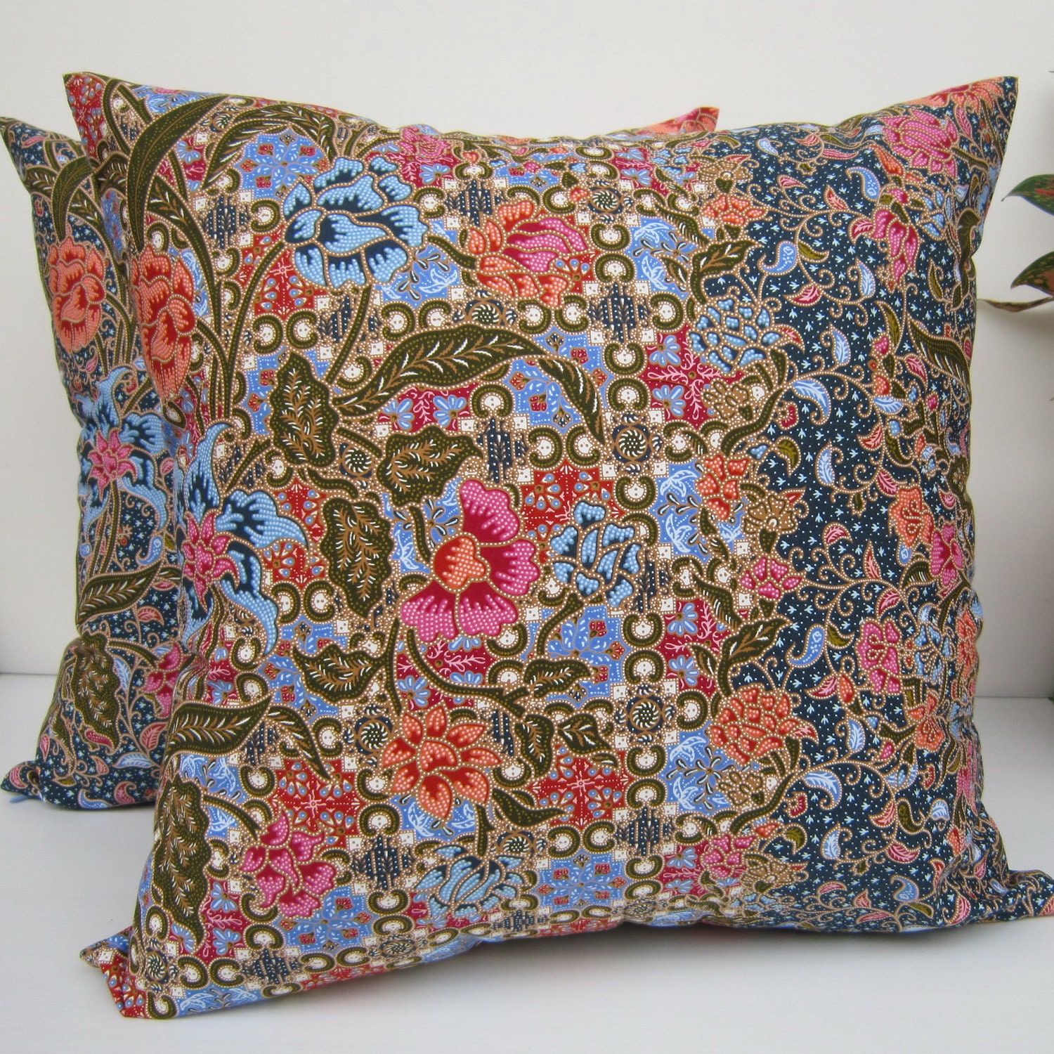 Blue Floral  Authentic Javanese Batik sofa Throw decorative pillow cushion covers 18 inches