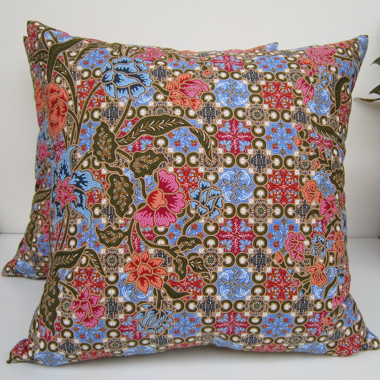 Blue Floral  Authentic Javanese Batik sofa Throw decorative pillow cushion covers 18 inches
