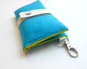 Cell Phone wallet in teal aqua blue and yellow eco wool