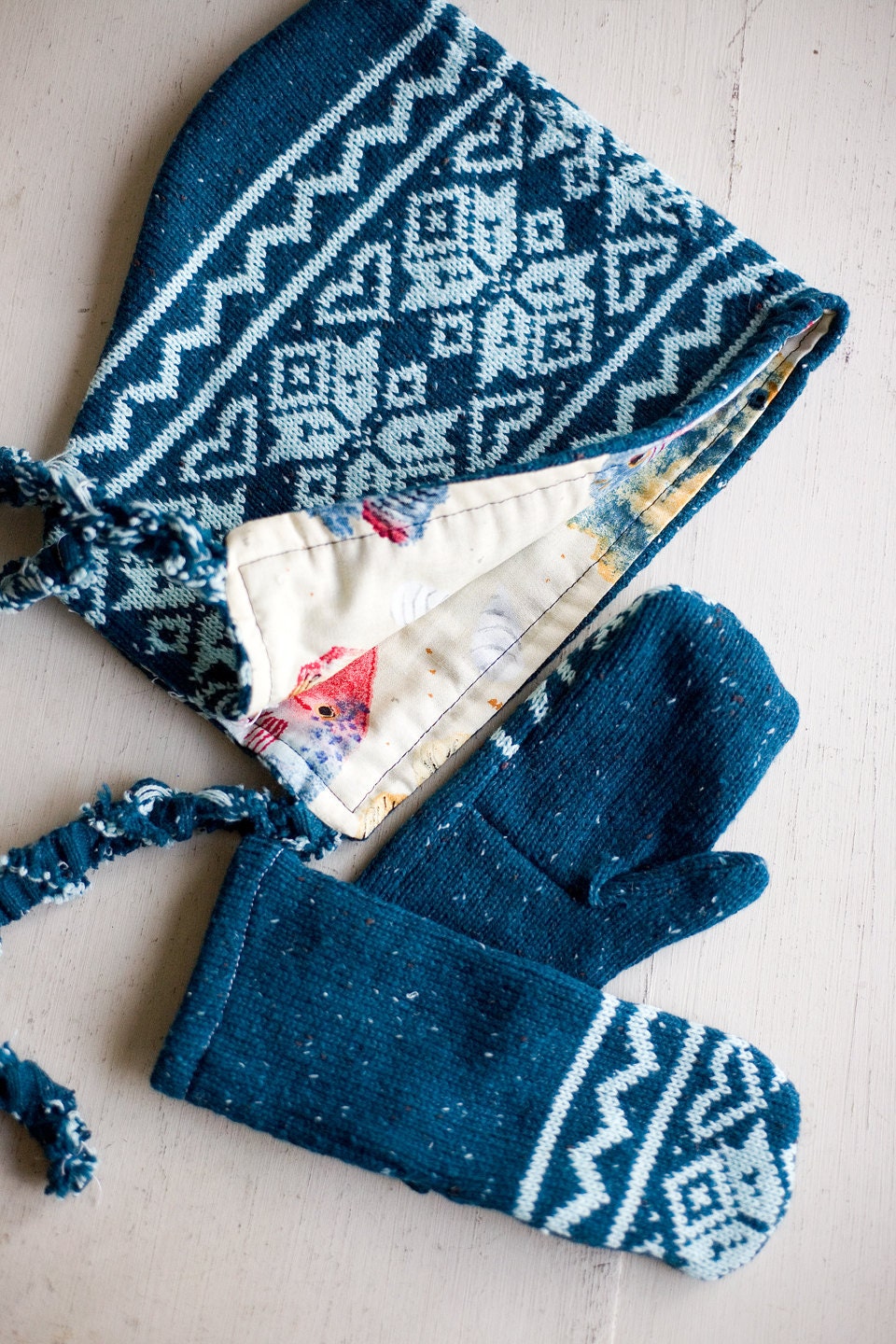 pixie hat and matching mittens - upcycled