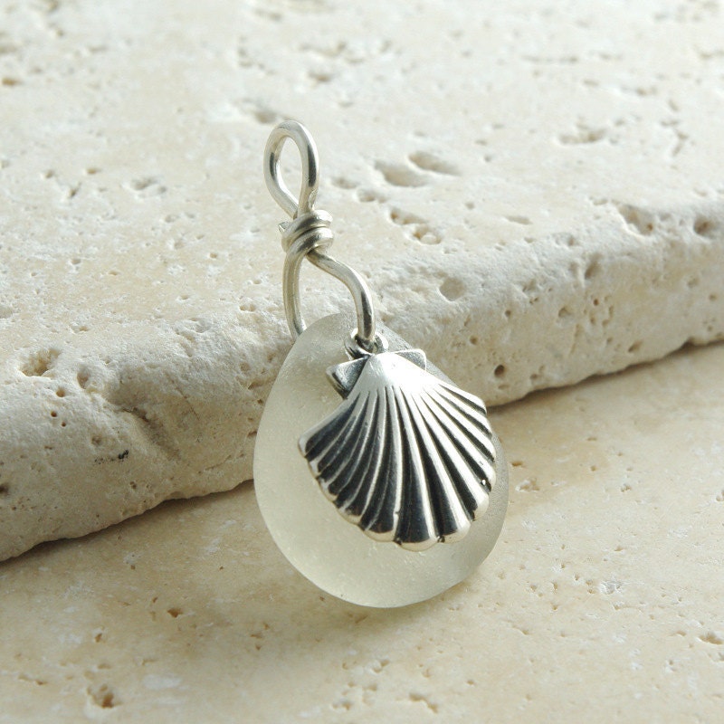 Seashell Pendant - White Sea Glass & Sterling Silver Charm