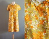60's M Orange Floral Button Up House DRESS