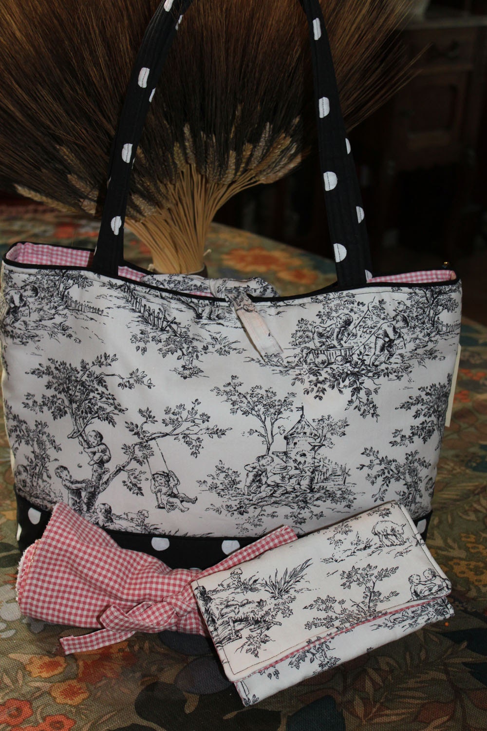 Central Park Toile Diaper Tote with changing and wallet  Made and ready to SHIP