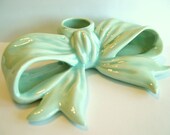 Vintage Pottery Bow Candle Holder - Pastel Blue Green 1990's