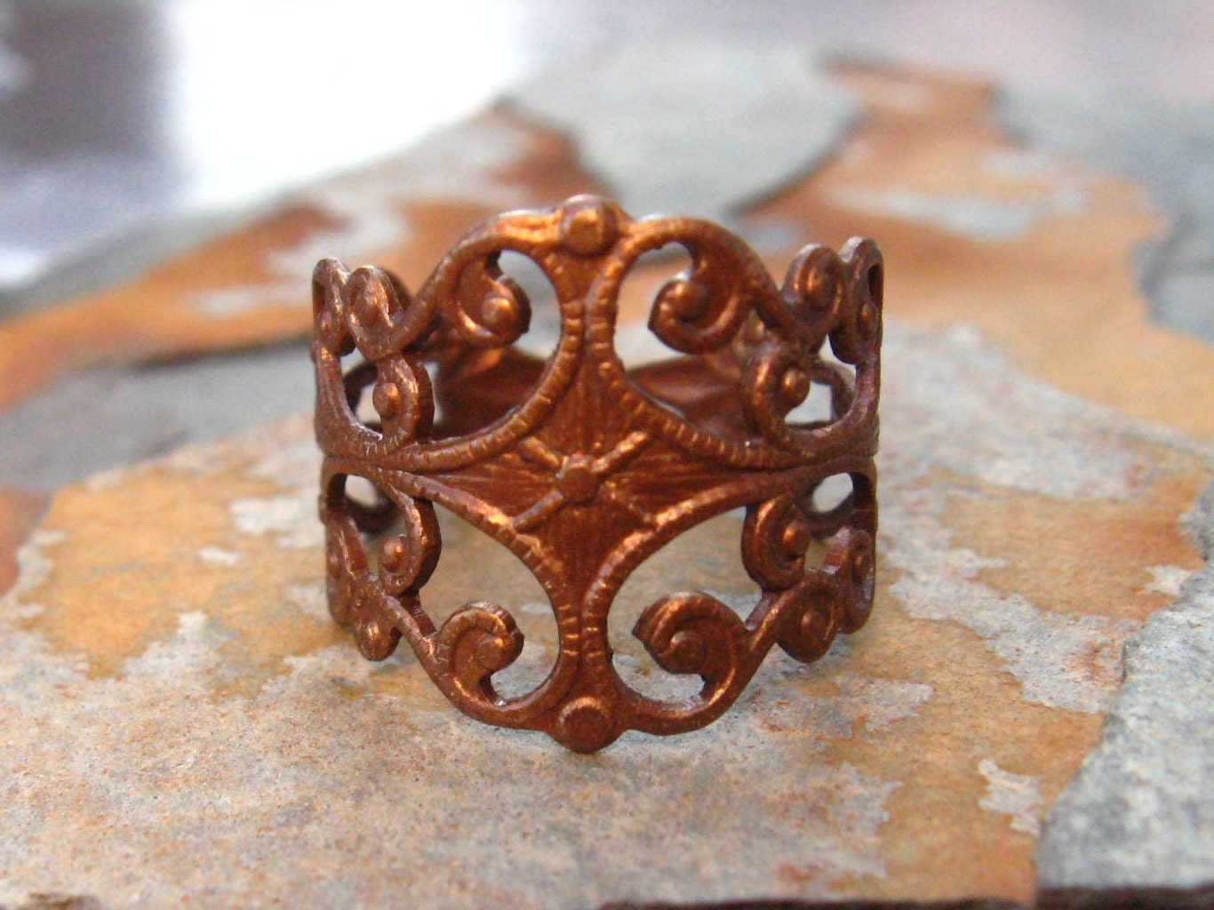 1 Filigree Finger Ring Trinity Vintage Patina - Trinity Brass LOW SHIPPING