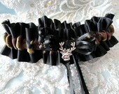 Black Grosgrain Satin and Dark Camo Garter-Deer Charm-Camo-Camoflauge-Hunter-Military-Redneck Wedding-Bachelorette-Gift