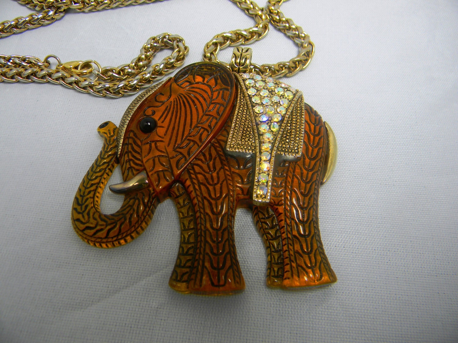 Elephant pendant on gold tone chain, ethnic necklace, chain -