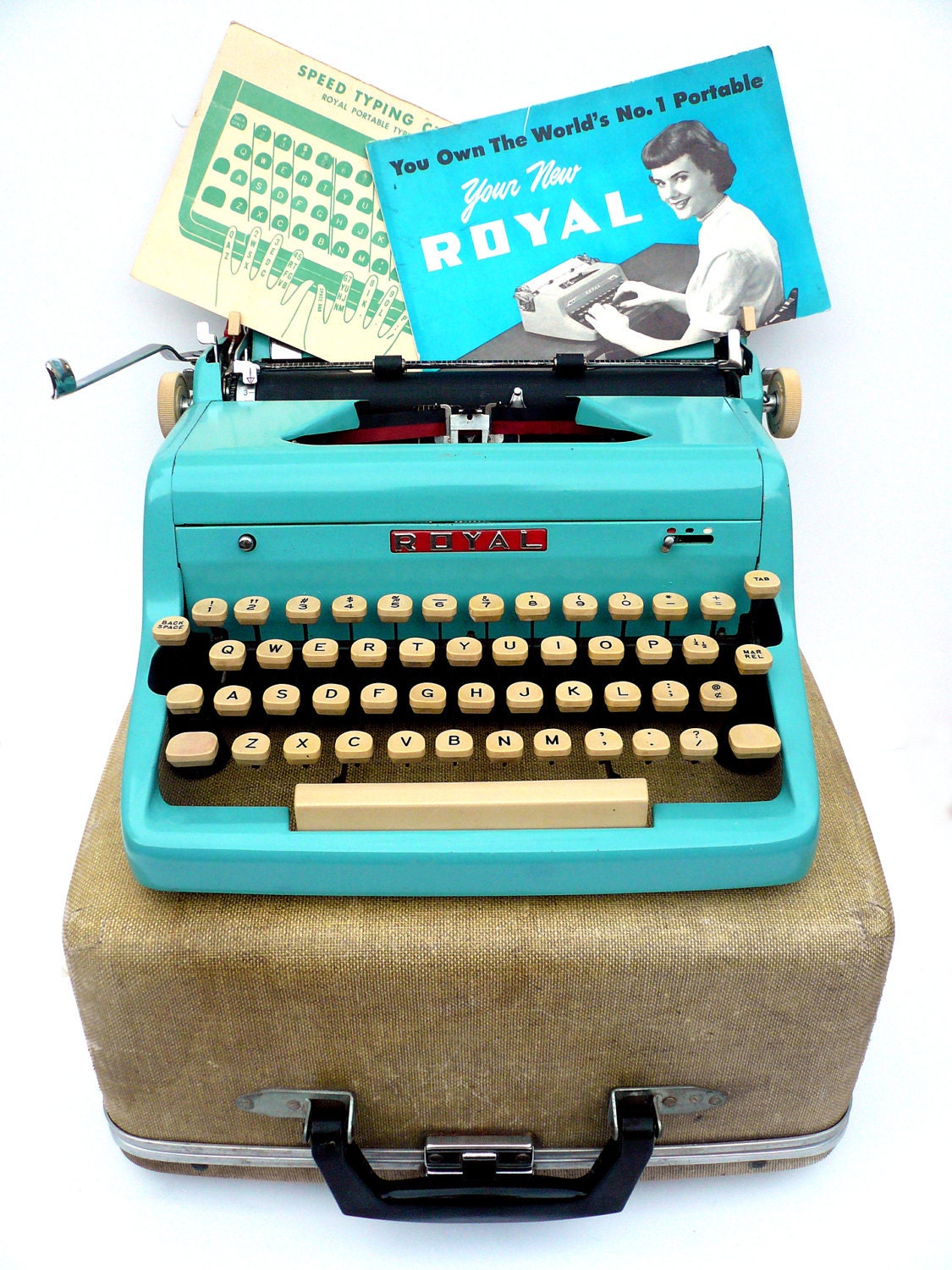 PROFESSIONALLY SERVICED 1950s Blue Royal Typewriter w/ Case with NEW platen