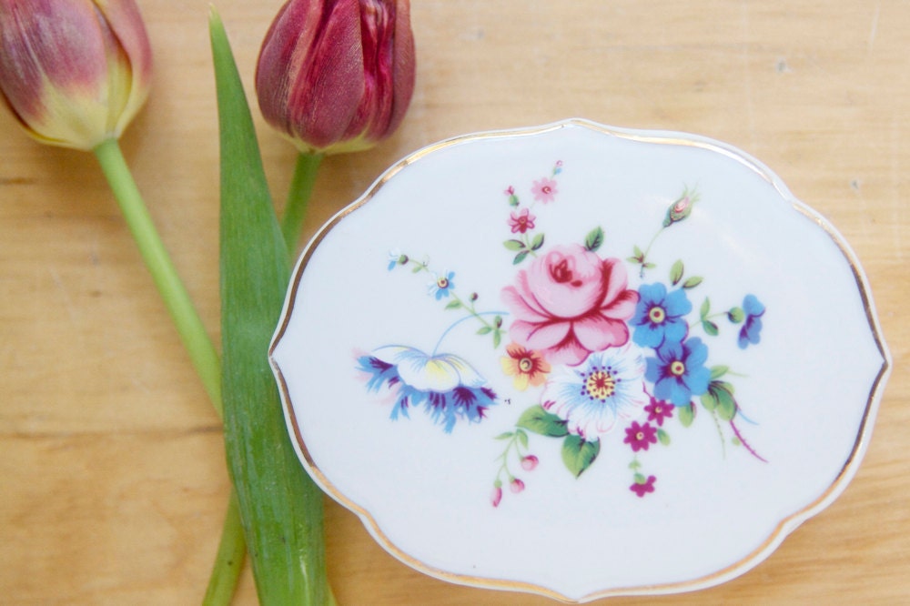 Irice Vanity or Trinket Box or Dish, Painted With Flowers, Sweet Cottage Decor