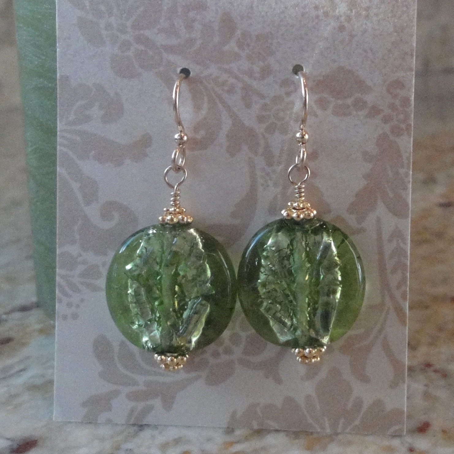 Bright Green Lampwork Earrings with Gold Fill Findings - Ready to Ship
