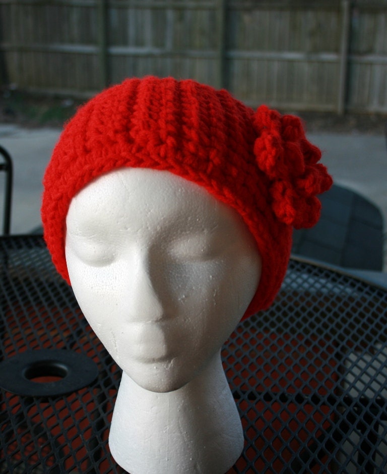 Crochet Fire Red Earwarmer with Big Matching Flower