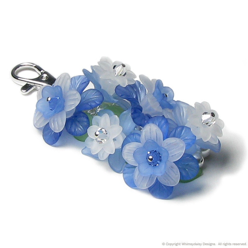 Blue Mountain Flower Crystal Pearl Cluster Silver Handbag Charm Keychain