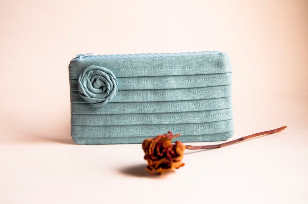 Ice Blue Bridal Wedding Clutch or Bridesmaid Clutch, Pouch, Purse - Romantic Rose pleats  by Lolos