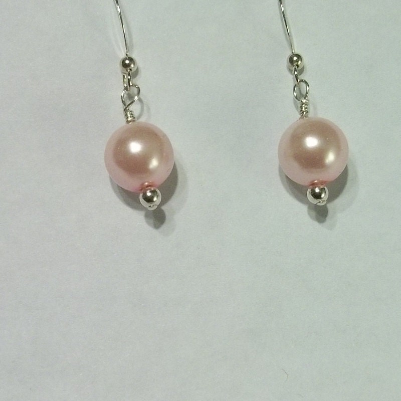 Pink Pearl Earrings, Drop, Bridesmaid Earrings, Sterling Silver, Handmade Wedding Jewelry